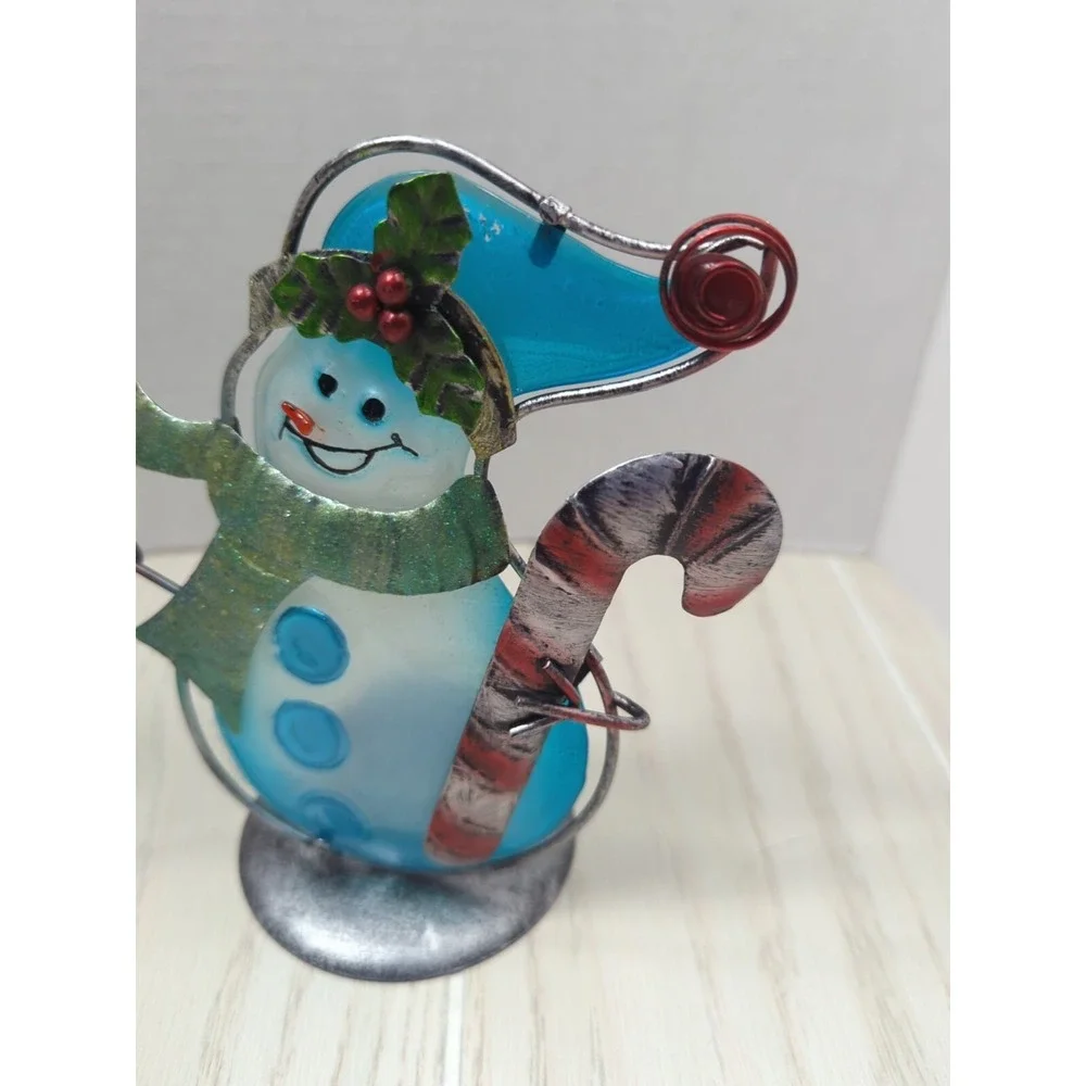 Blue white glass metal candy canes accents Snowman pair tea light candle holders